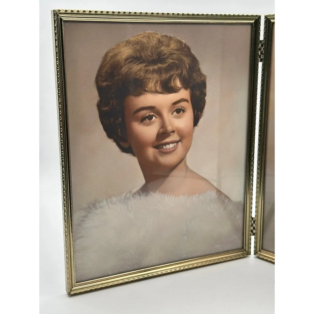 Vintage Gold Metal Double Photo Frame Hinged Folding 8x10 Embossed Trim